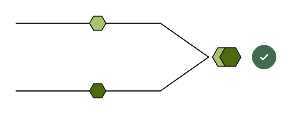 Two delivery routes carrying the same key, resolved into one deduplicated event
